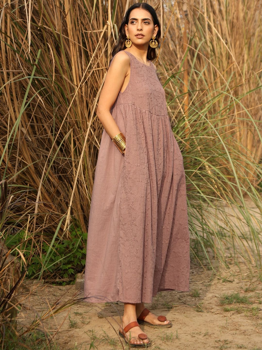 trueBrowns Floral Embroidered Round Neck A-Line Maxi Ethnic Dresses