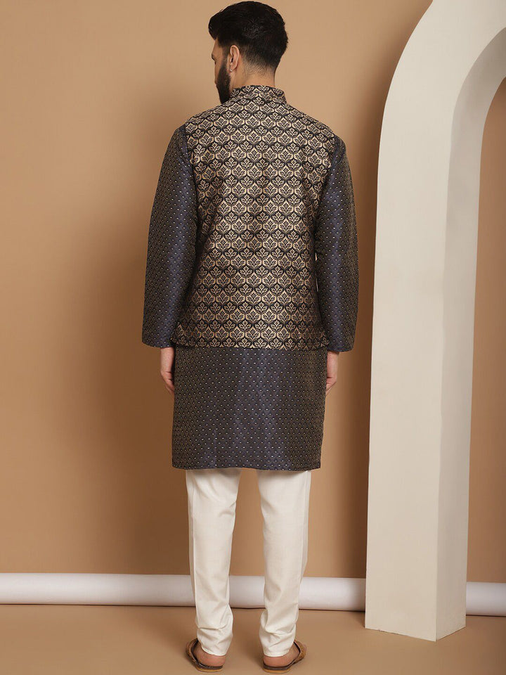 Anouk Navy Blue Ethnic Motifs Woven Design Straight Kurta With Churidar & Nehru Jacket