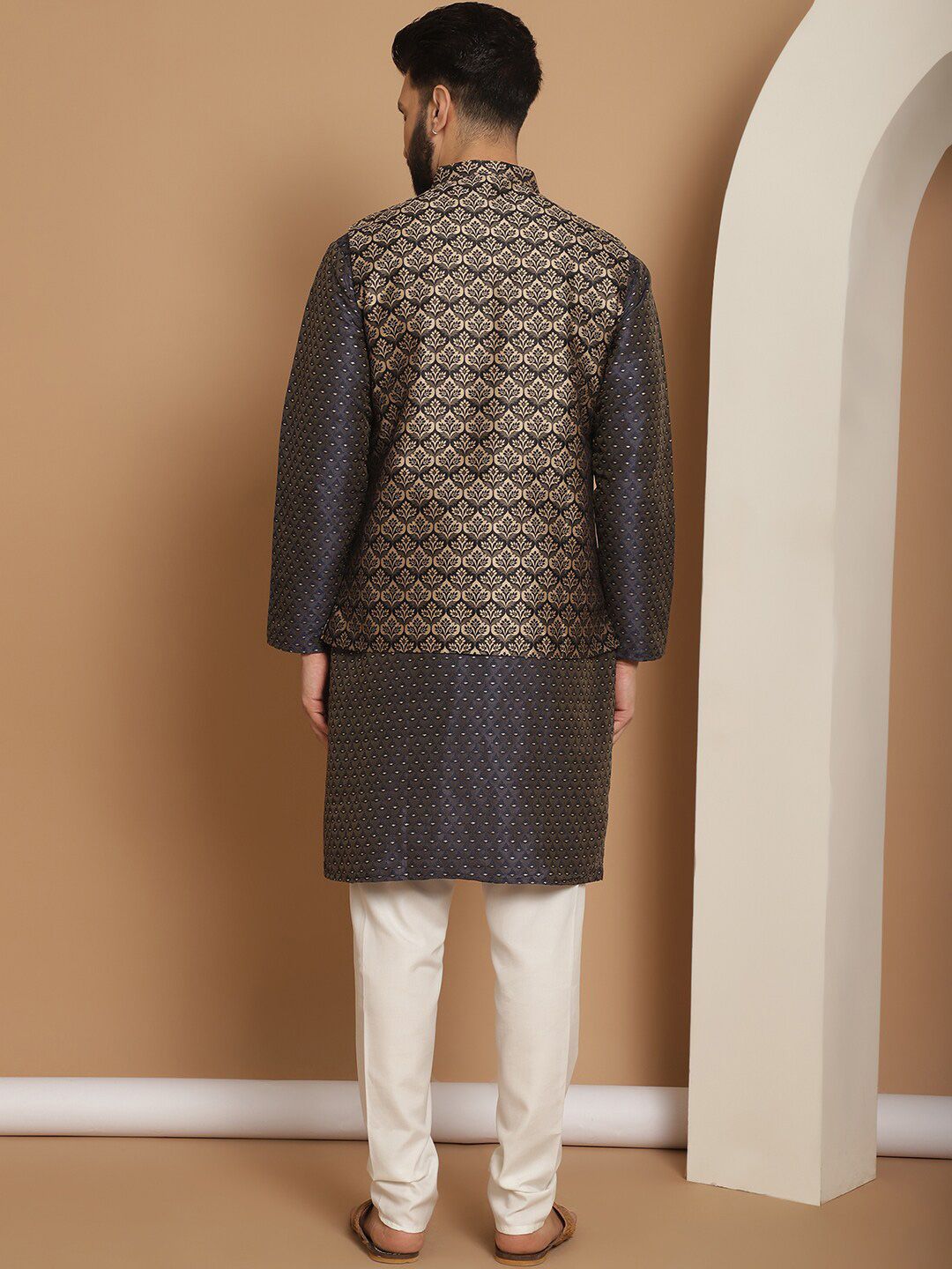 Anouk Navy Blue Ethnic Motifs Woven Design Straight Kurta With Churidar & Nehru Jacket