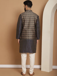 Anouk Navy Blue Ethnic Motifs Woven Design Straight Kurta With Churidar & Nehru Jacket
