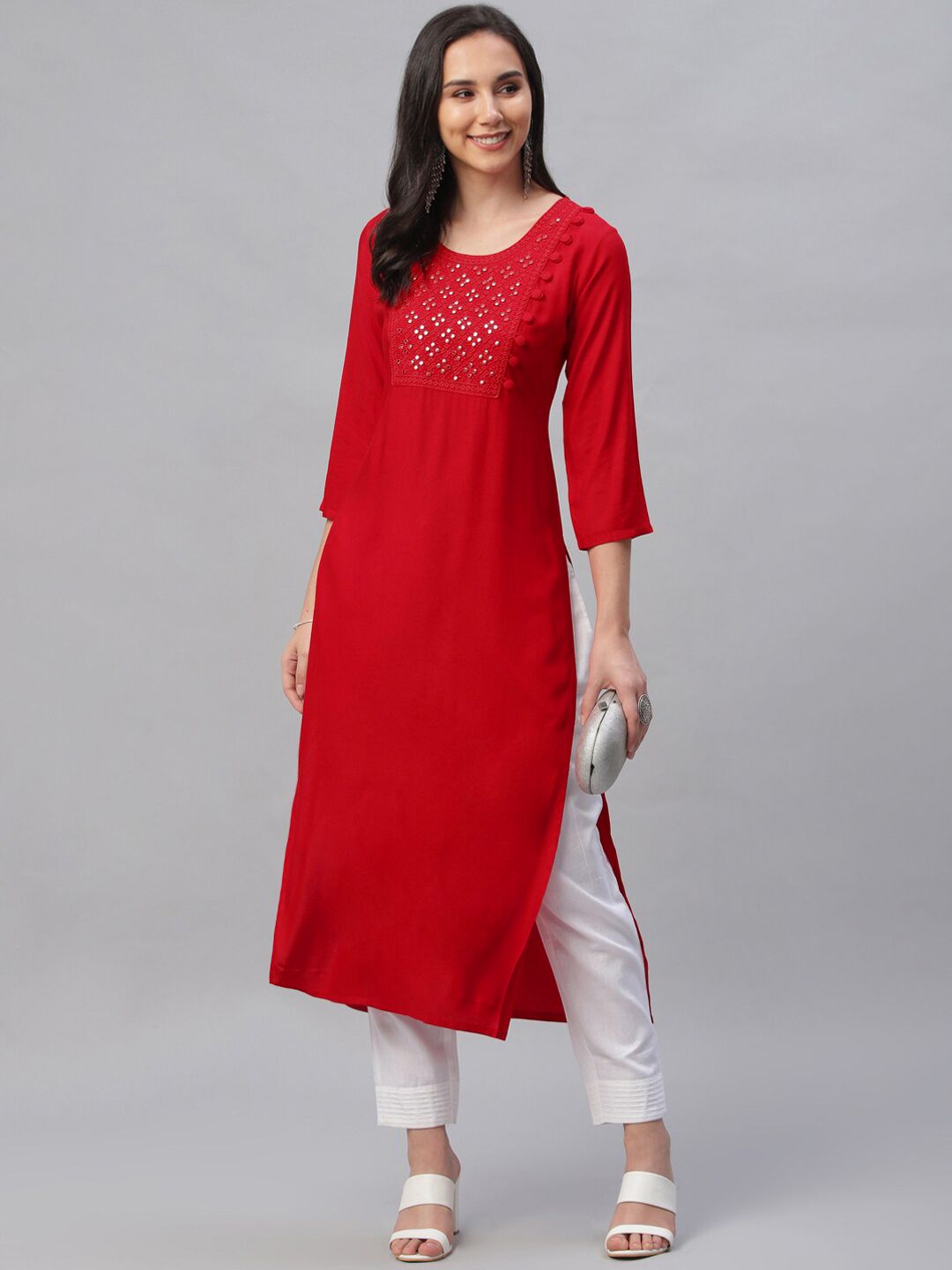 Libas Women Red Embroidered Straight Kurta