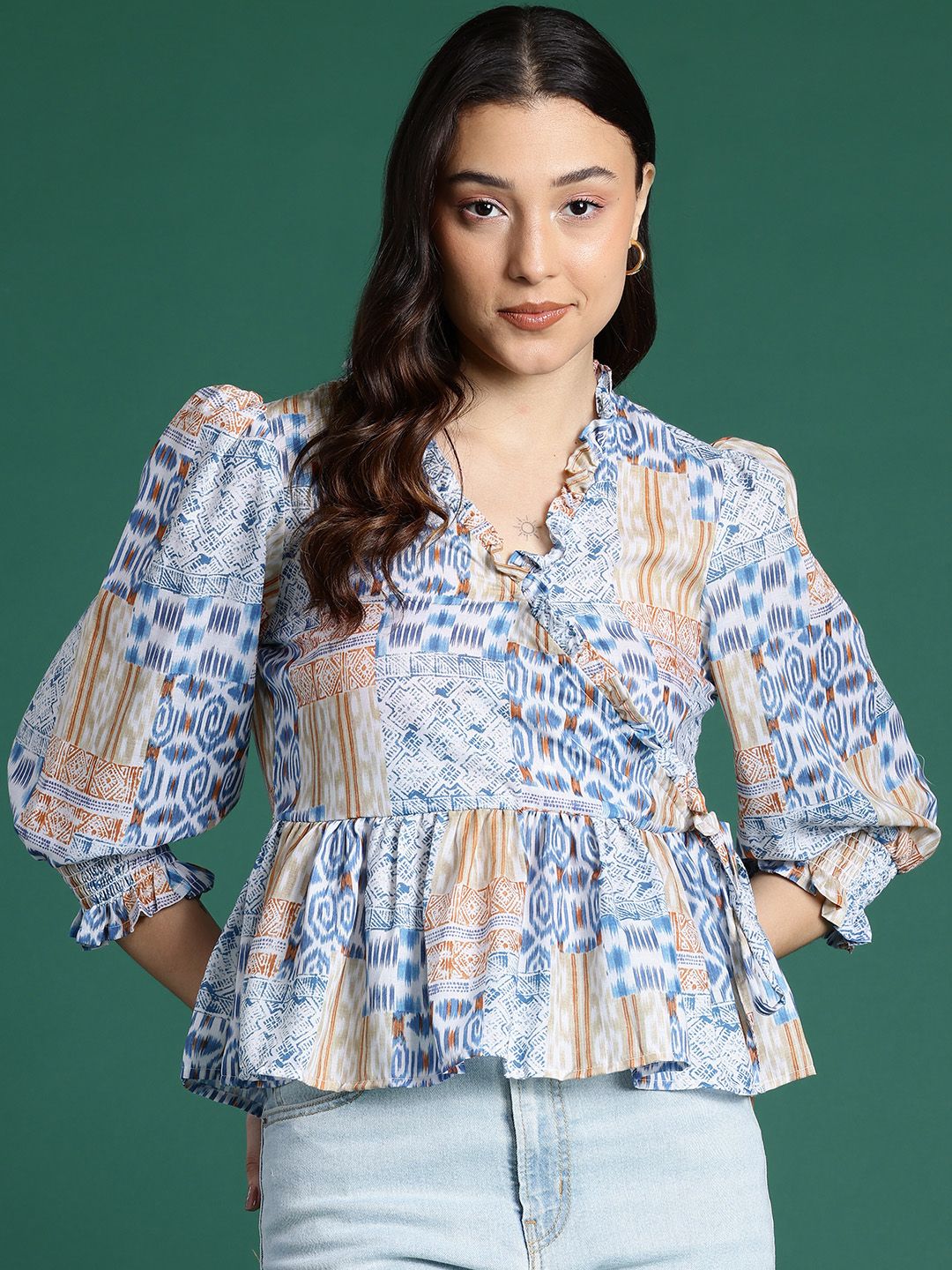 DressBerry Geometric Printed Puff Sleeves Wrap Top