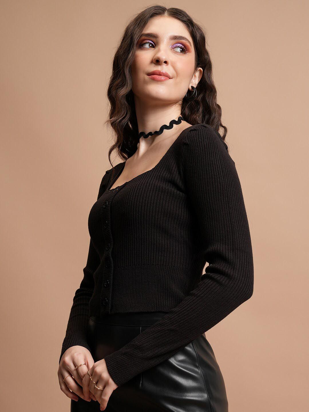 Tokyo Talkies Black Ribbed Crop Acrylic Front-Open Sweaters