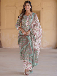 Kalini Floral Printed Pure Cotton Kurta dengan Seluar & Dupatta