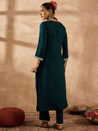 Indo Era Ethnic Motifs Embroidered Notch Neck Thread Work Straight Kurta