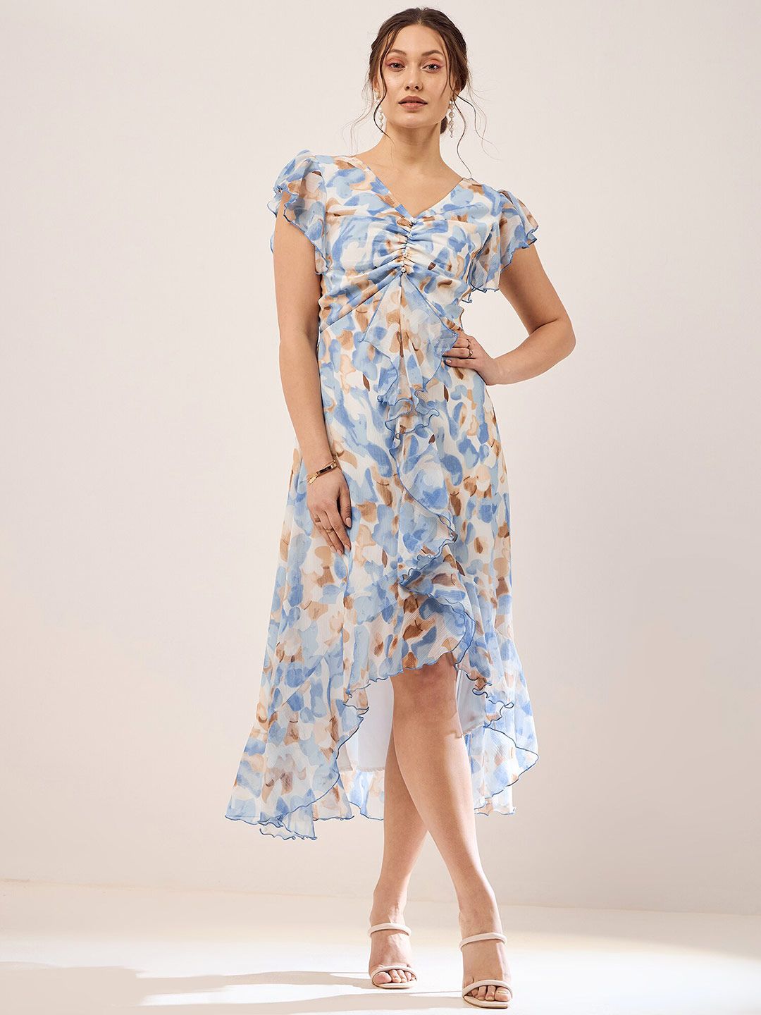 Antheaa Blue Floral Printed Puff Sleeves Gathered Ruffles Chiffon Fit & Flare Midi Dress