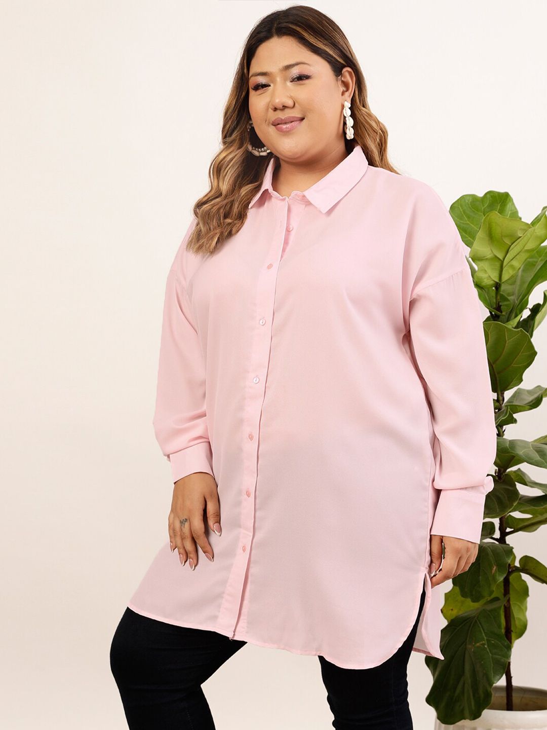 CURVY STREET Plus Size Pink Relaxed Oversized Longline Casual Shirt