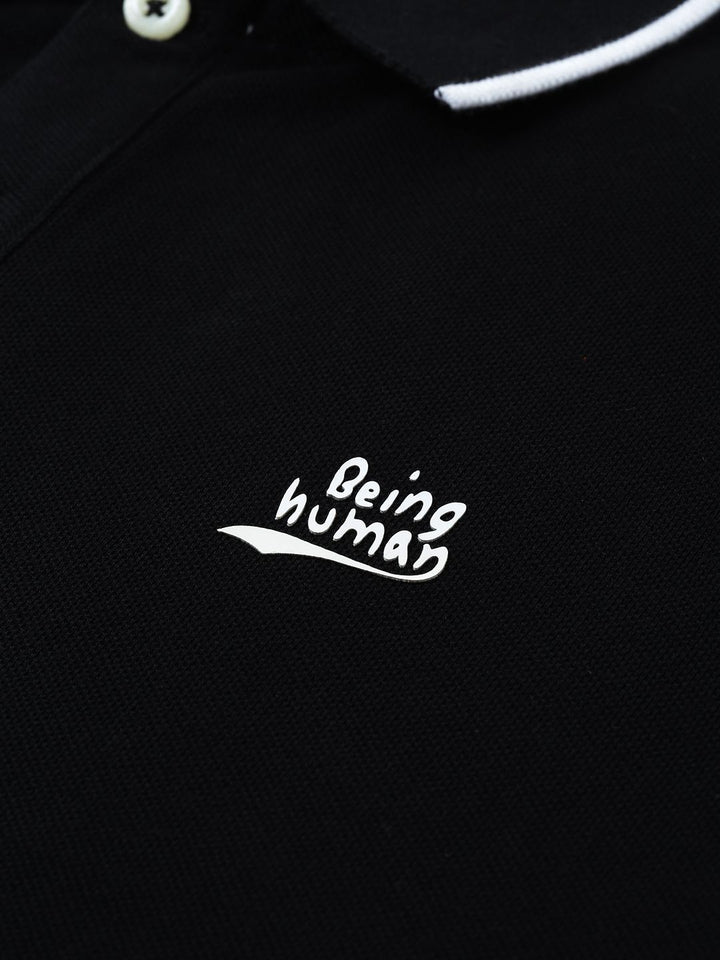 Being Human Clothing Men Black Solid Polo Collar Pure Cotton T-shirt with Side Stripes