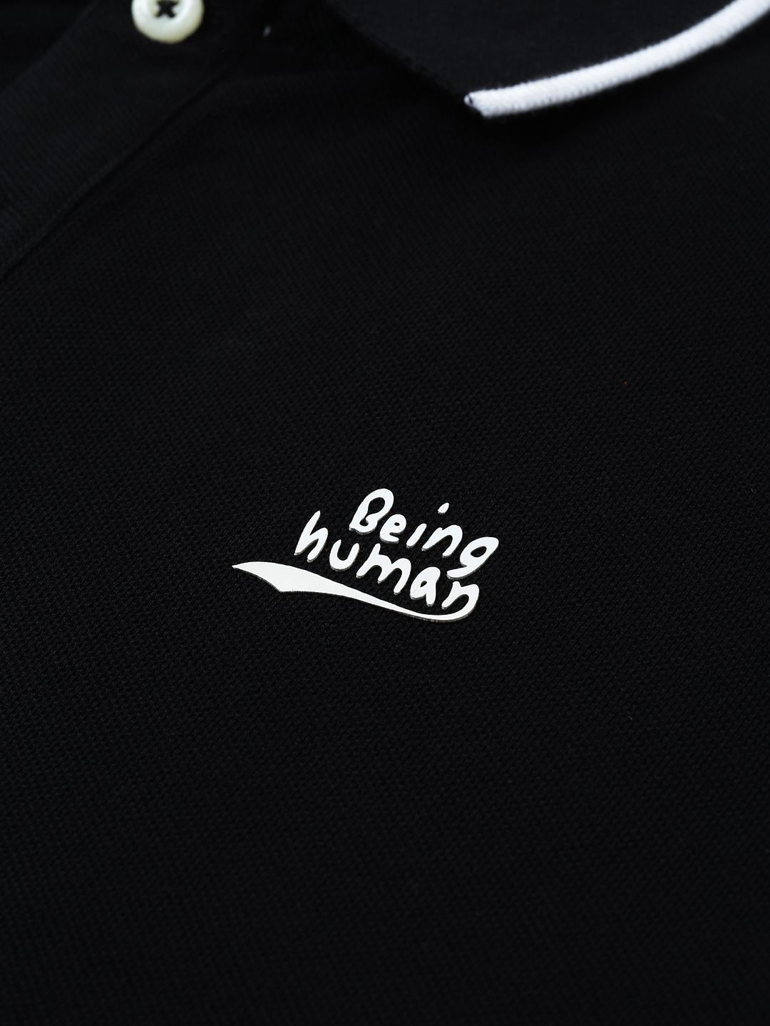 Being Human Clothing Men Black Solid Polo Collar Pure Cotton T-shirt with Side Stripes