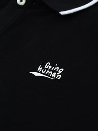 Being Human Clothing Men Black Solid Polo Collar Pure Cotton T-shirt with Side Stripes