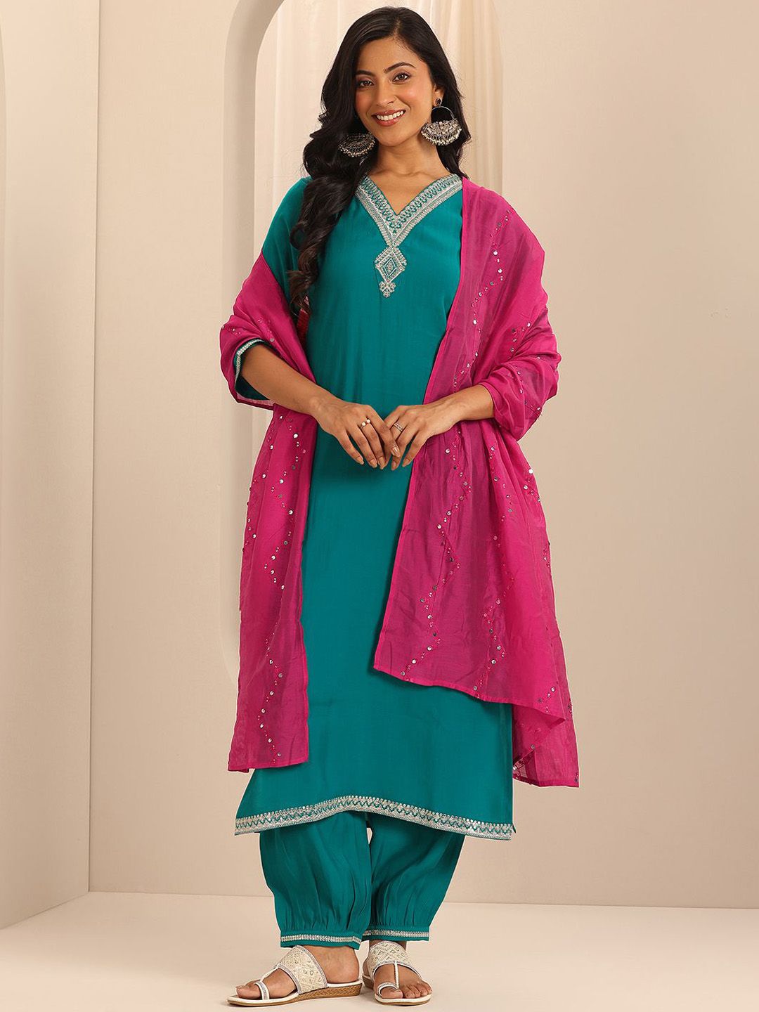 Gerua By Libas Floral Yoke Design Sequinned V-Neck Straight Kurta With Salwar & Dupatta