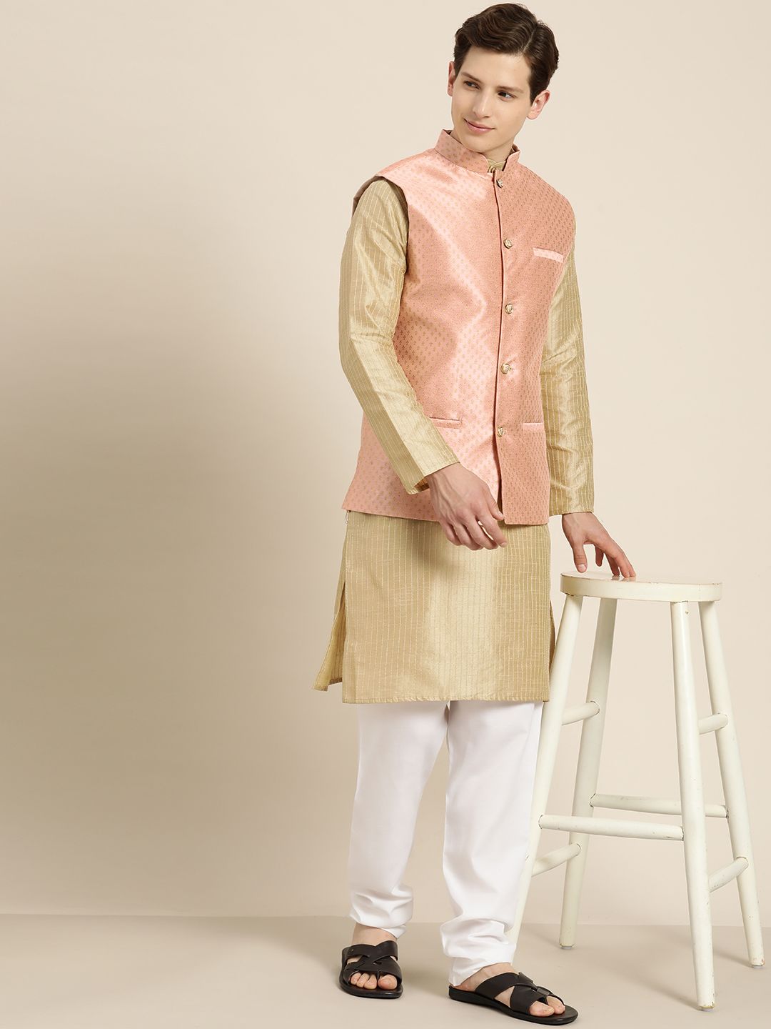 SOJANYA Men Beige Thread Work Straight Kurta Churidar with Nehru Jacket