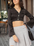 DressBerry Retro Bell Sleeves Embroidered Trims Satin-Finish Crop Top