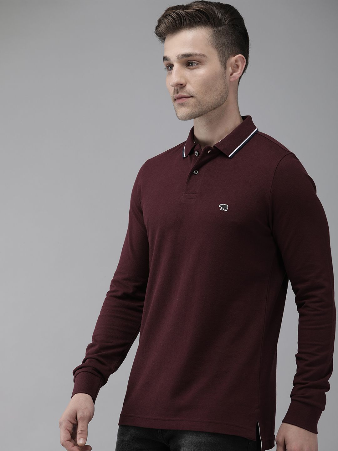 THE BEAR HOUSE Men Maroon Polo Collar Cuffed Sleeves Cotton Applique Slim Fit T-shirt