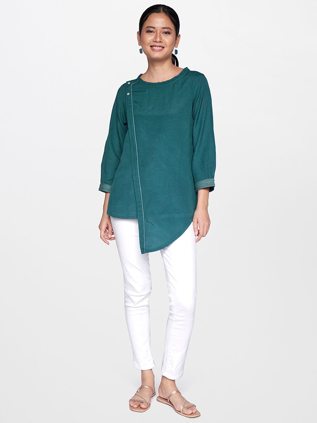 Global Desi Teal Green Solid Asymmetric Hem Top