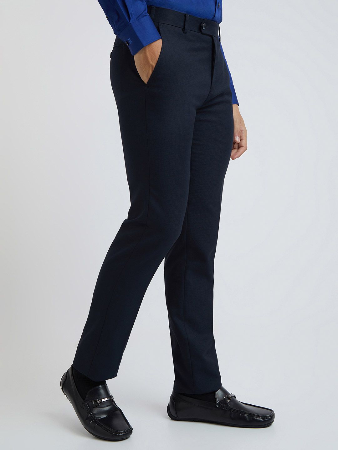 Raymond Men Navy Blue Textured Slim Fit Formal Trousers
