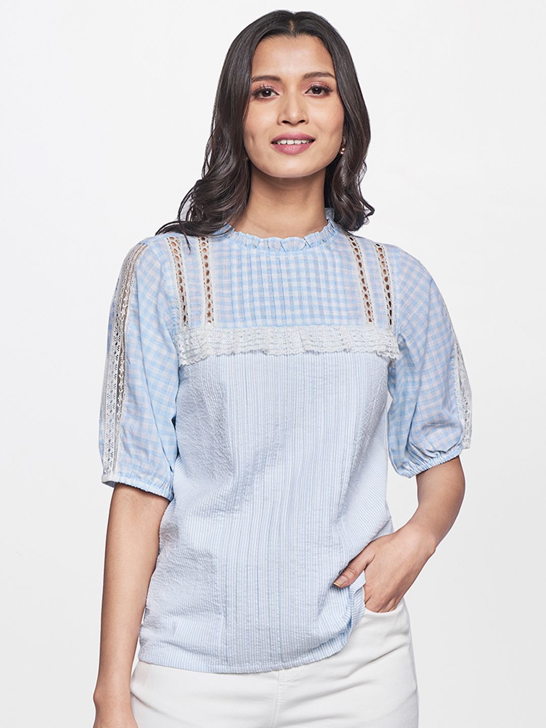AND Green Self Design Pure Cotton A-Line Top