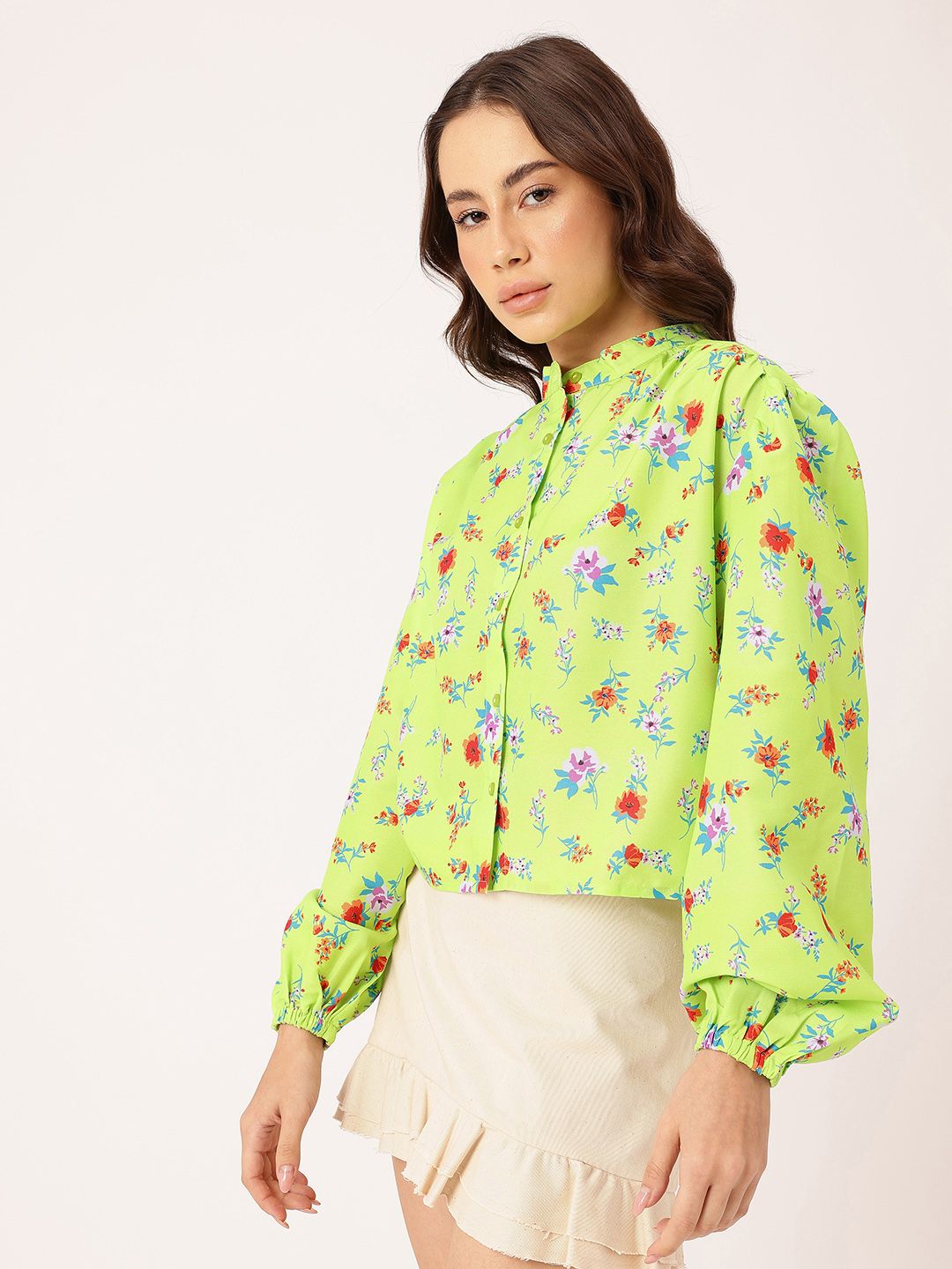 DressBerry Stylish Blossoming Printed Gathers Boxy Casual Shirt