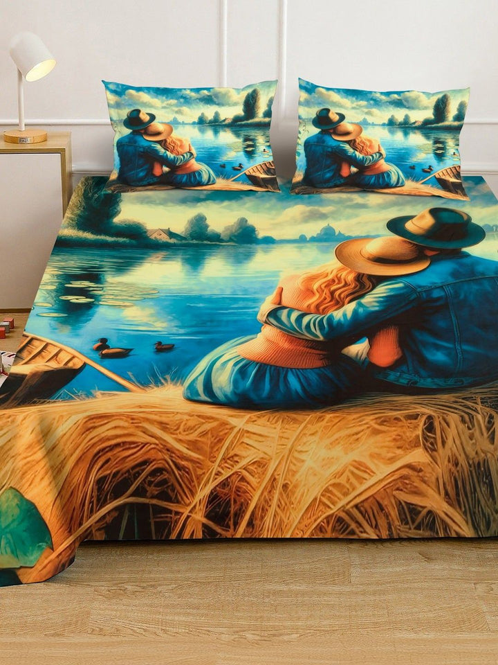 Myntra Elegant Homes Blue Abstract 400 TC Double King 7D Bedsheet With 2 Pillow Covers