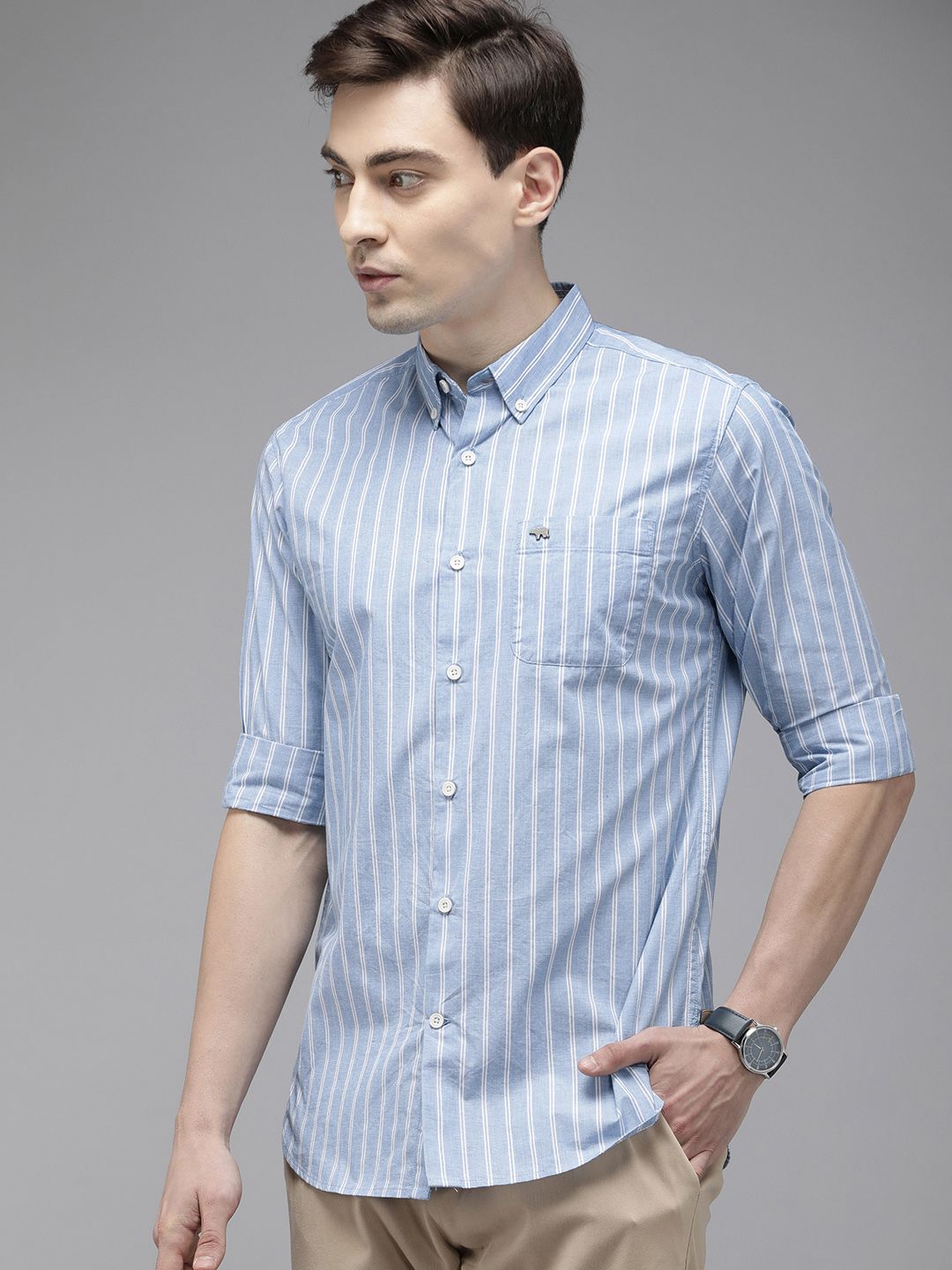THE BEAR HOUSE Men Blue Slim Fit Pure Cotton Striped Casual Shirt
