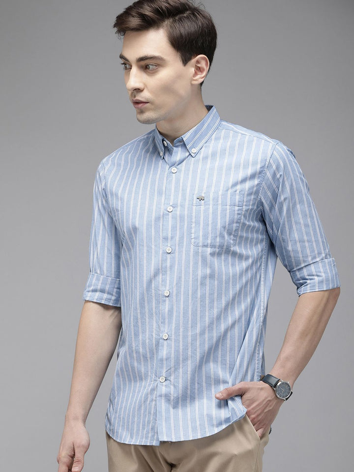 THE BEAR HOUSE Men Blue Slim Fit Pure Cotton Striped Casual Shirt