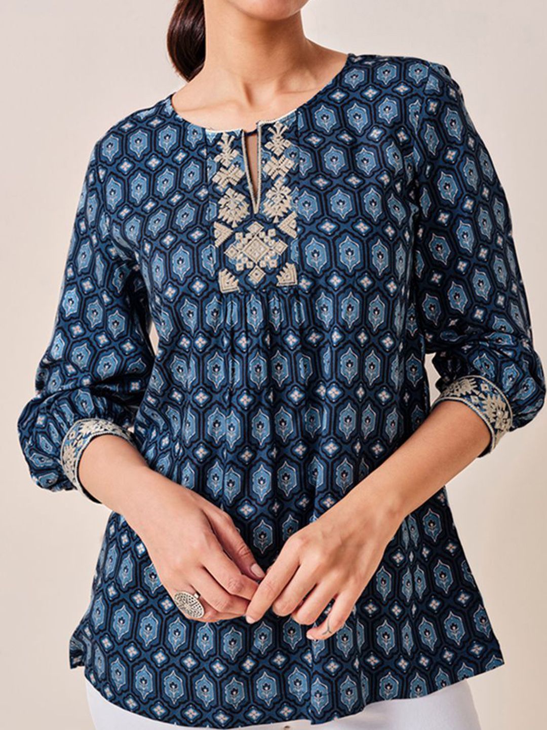 Global Desi viscose keyhole neck cuffed sleeves geometric printed A-Line Top
