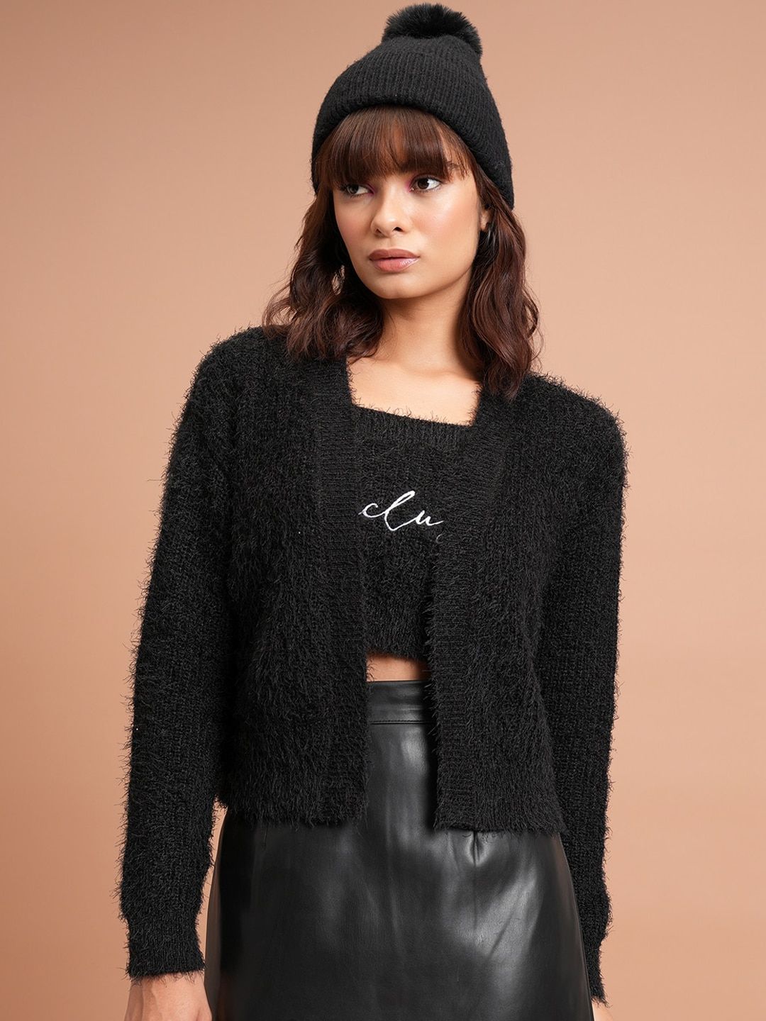 Tokyo Talkies Faux Fur Detail Shoulder Straps Acrylic Crop Top With Cardigan