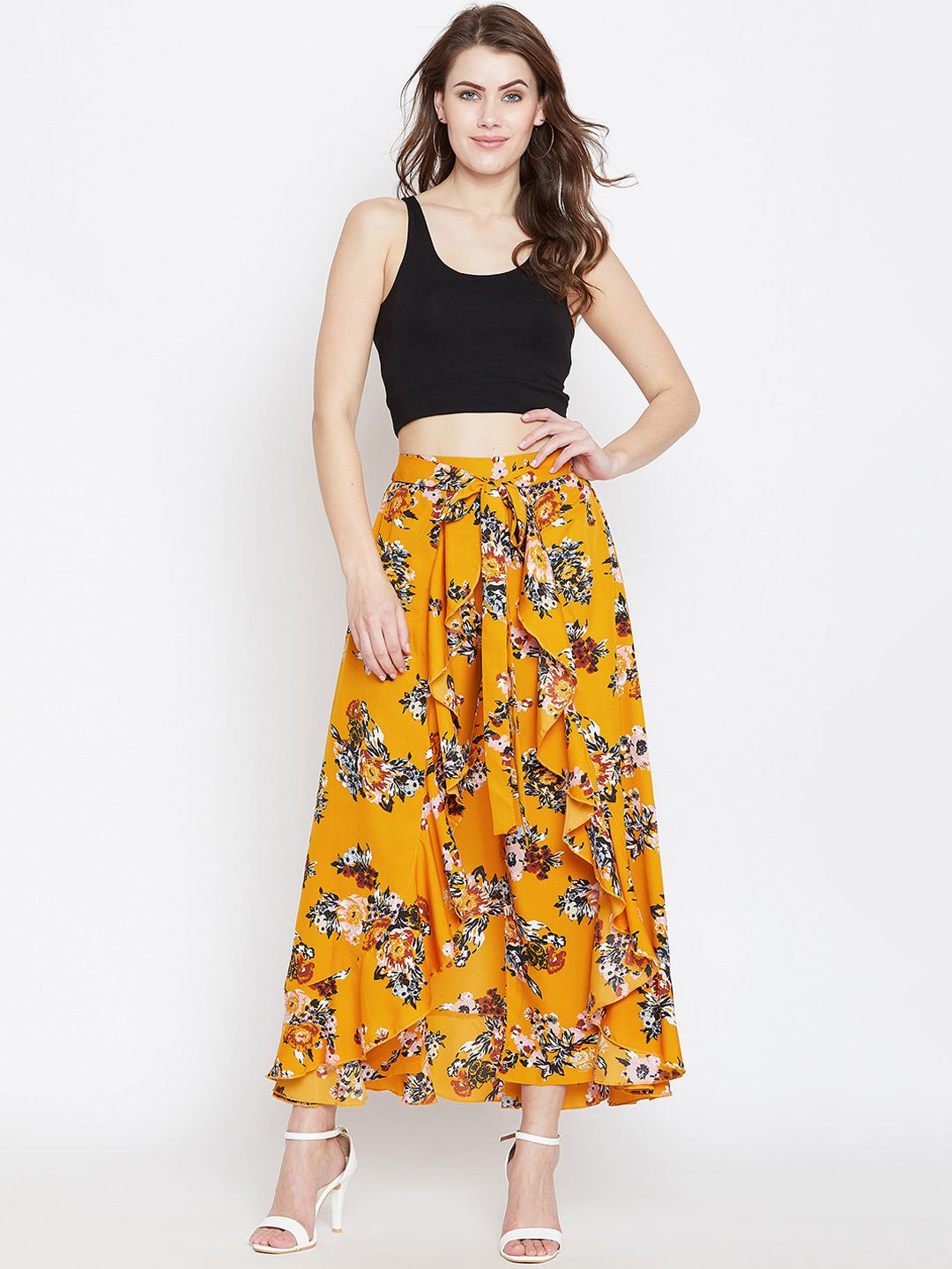 Berrylush Mustard Yellow Printed Flared Maxi Skirt