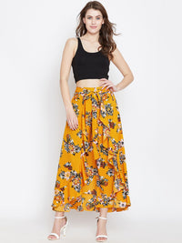 Berrylush Mustard Yellow Printed Flared Maxi Skirt