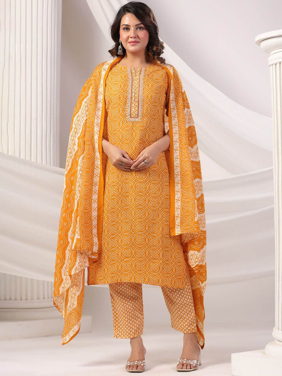 Indo Era Women Bandhani Printed Regular Mirror Work Kurta Trousers With Dupatta