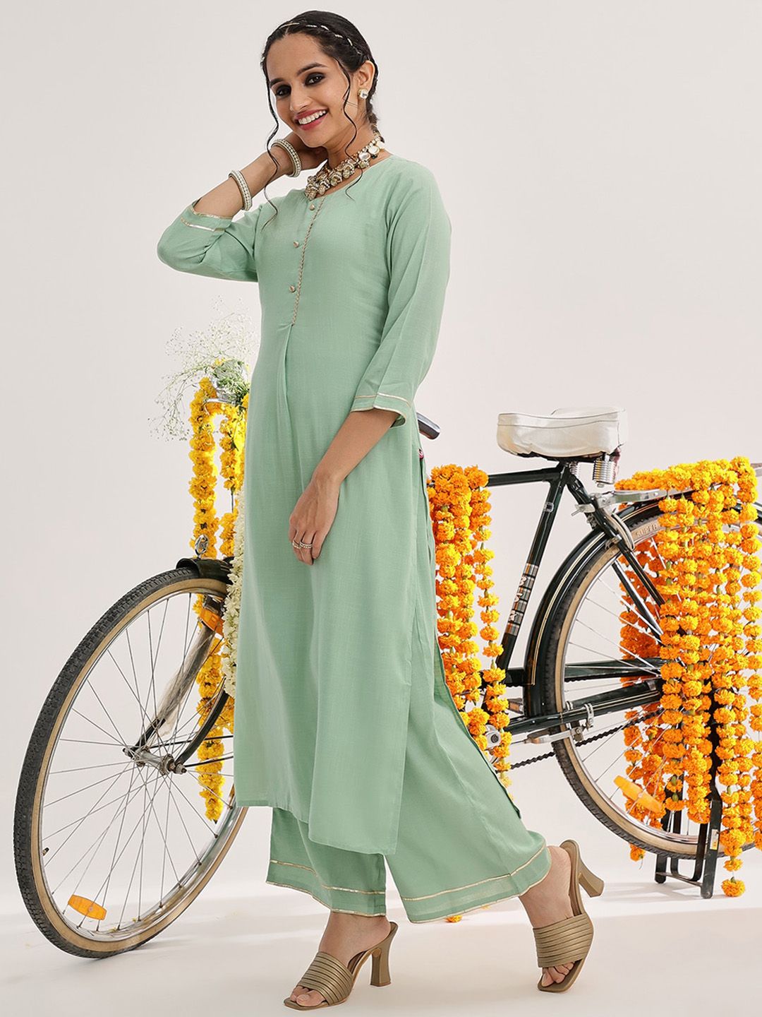 Varanga Green Gotta Patti Detail Straight Kurta & Palazzos With Dupatta