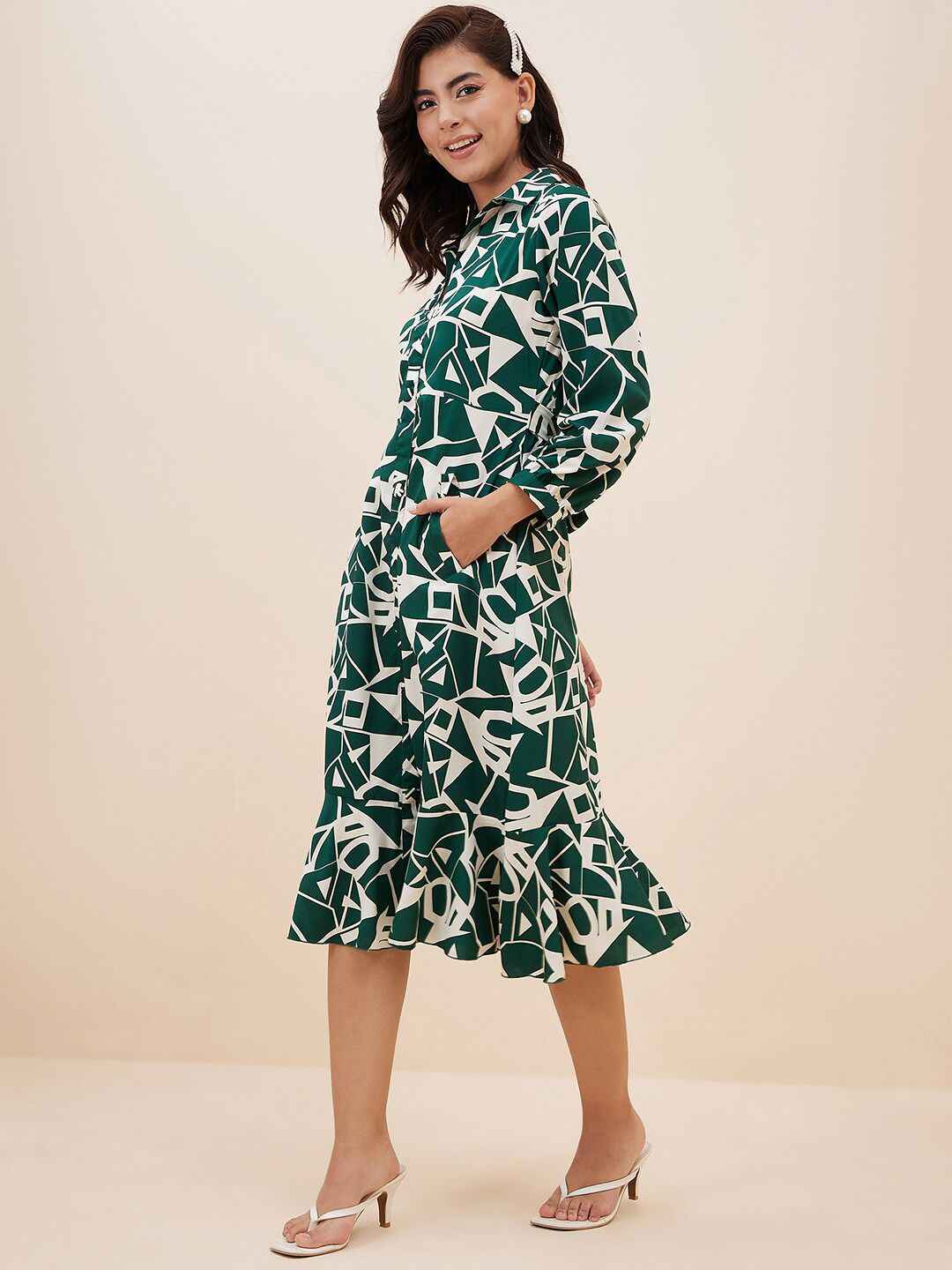 Antheaa Geometric Printed Shirt Midi Dress