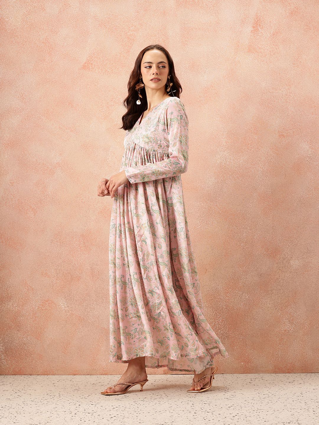 all about you Ethnic Motifs Printed Satin-Finish Festive Maxi Empire Dress with Scarf