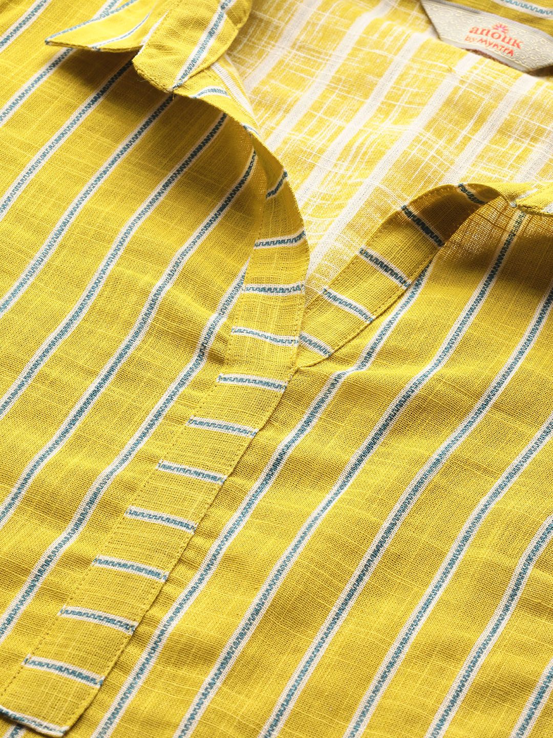 Anouk Women Lime Green & Teal Blue Striped Pure Cotton Straight Kurta