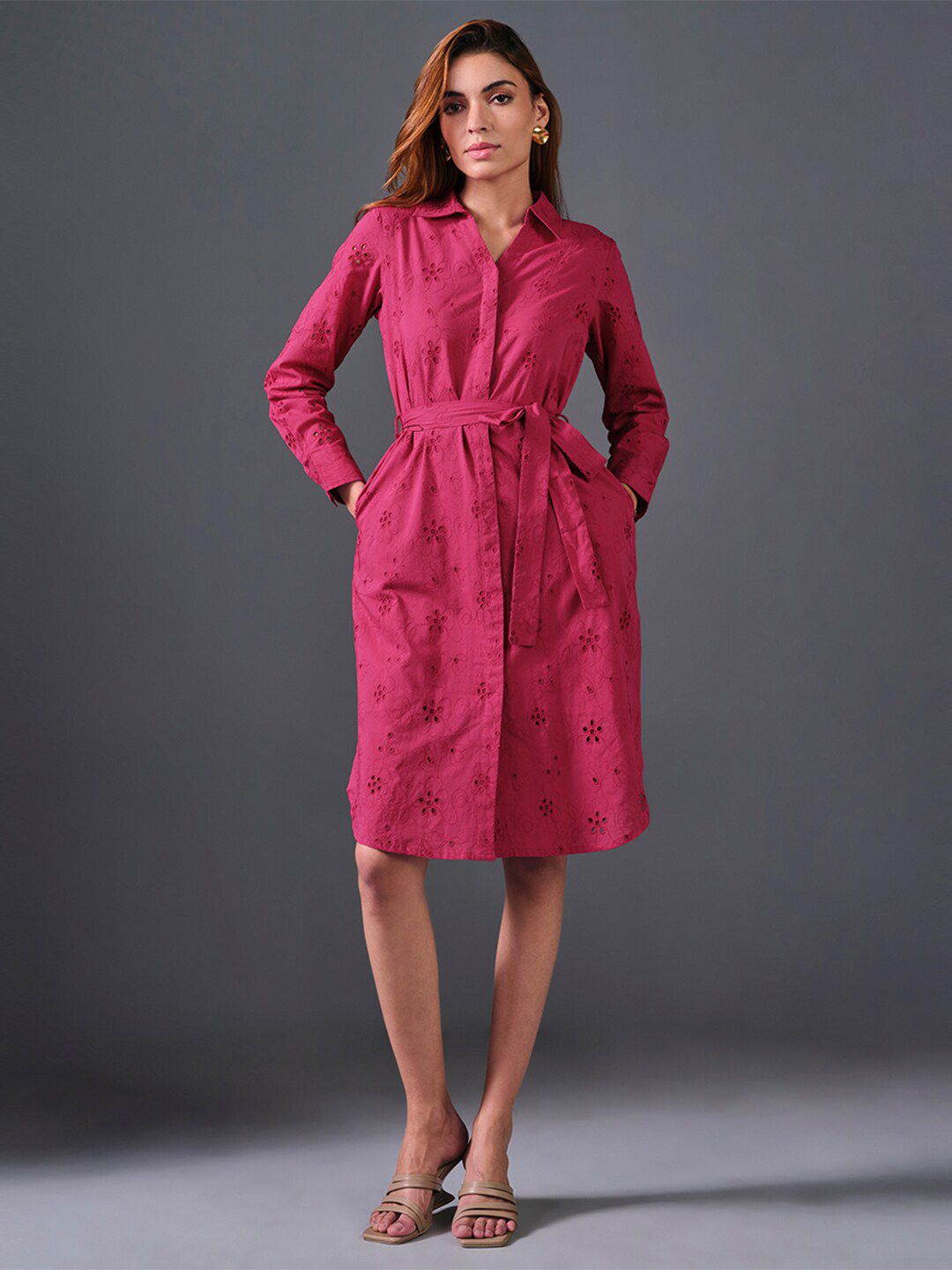 AND Self Design Belted Pure Cotton Shirt Dress