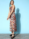 SASSAFRAS Women Gorgeous Red Floral Peekaboo Slit Dress