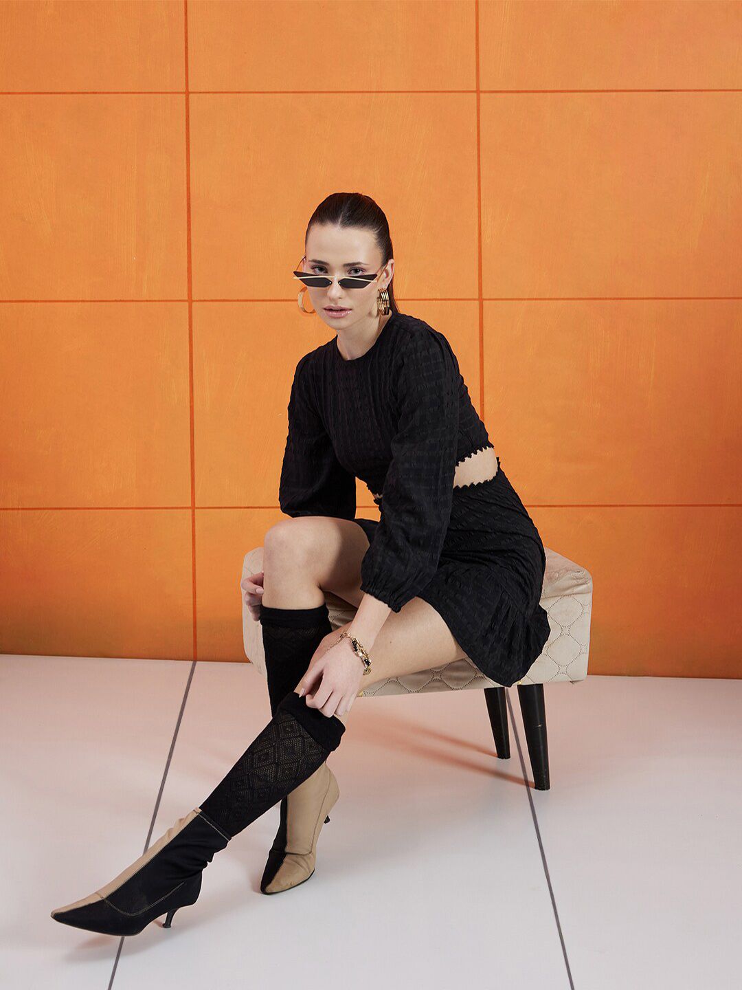STREET 9 Self Design Round Neck Puff Sleeves Cut-Outs A-Line Dress