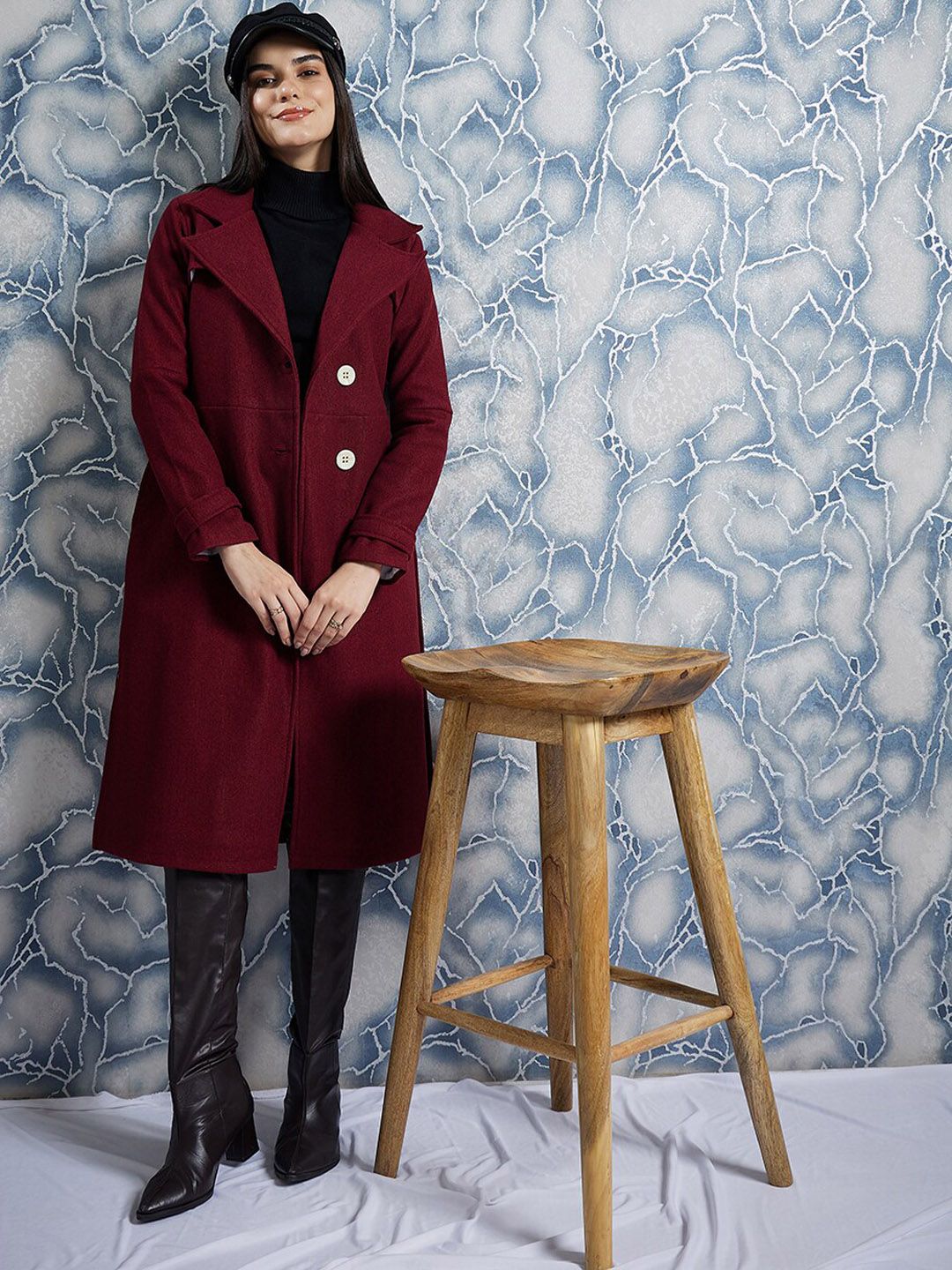 Athena Maroon Notched Lapel Collar Woollen Single Breasted Trench Coat
