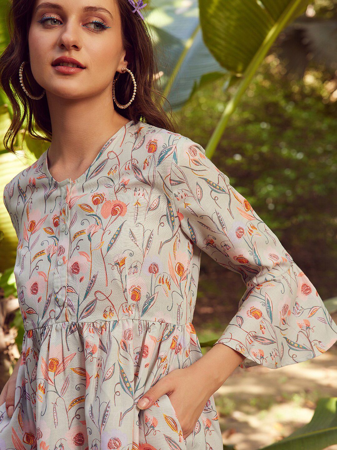STREET 9 Floral Printed Pure Linen Fit & Flare Dress