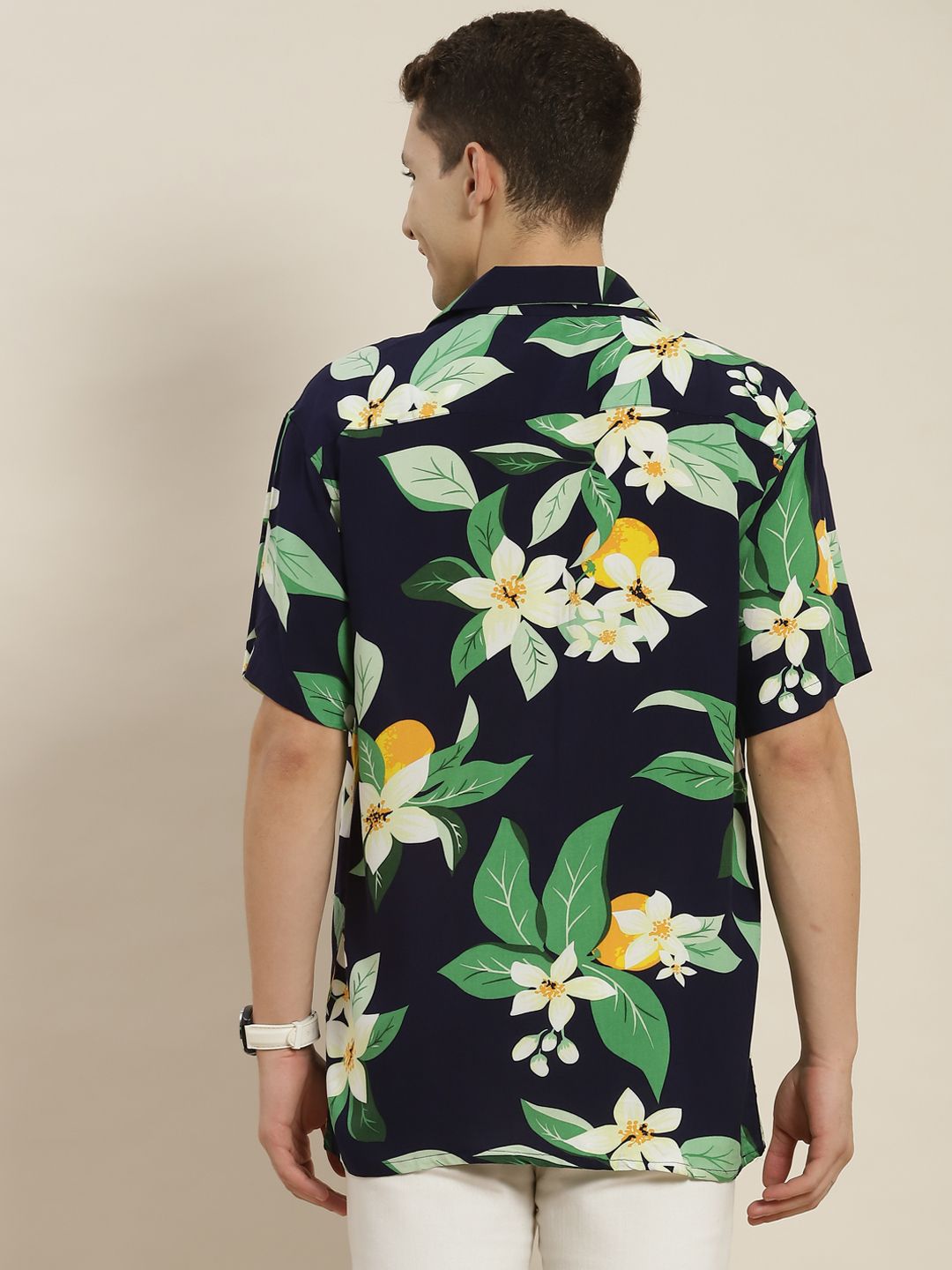 Hancock Men Navy & Green Printed Relaxed Fit Casual Resort Shirt
