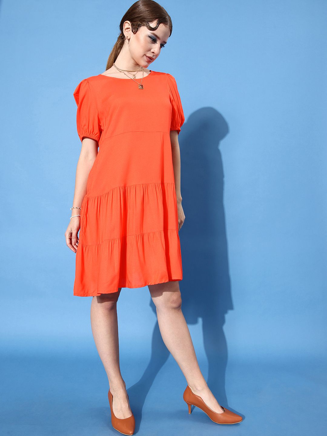 DressBerry Women Orange Solid A-Line Puff-Sleeve Tiered Dress