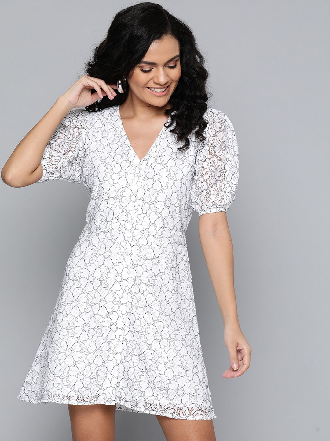 SASSAFRAS Women White & Black Floral Lace A-Line Dress
