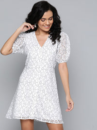SASSAFRAS Women White & Black Floral Lace A-Line Dress