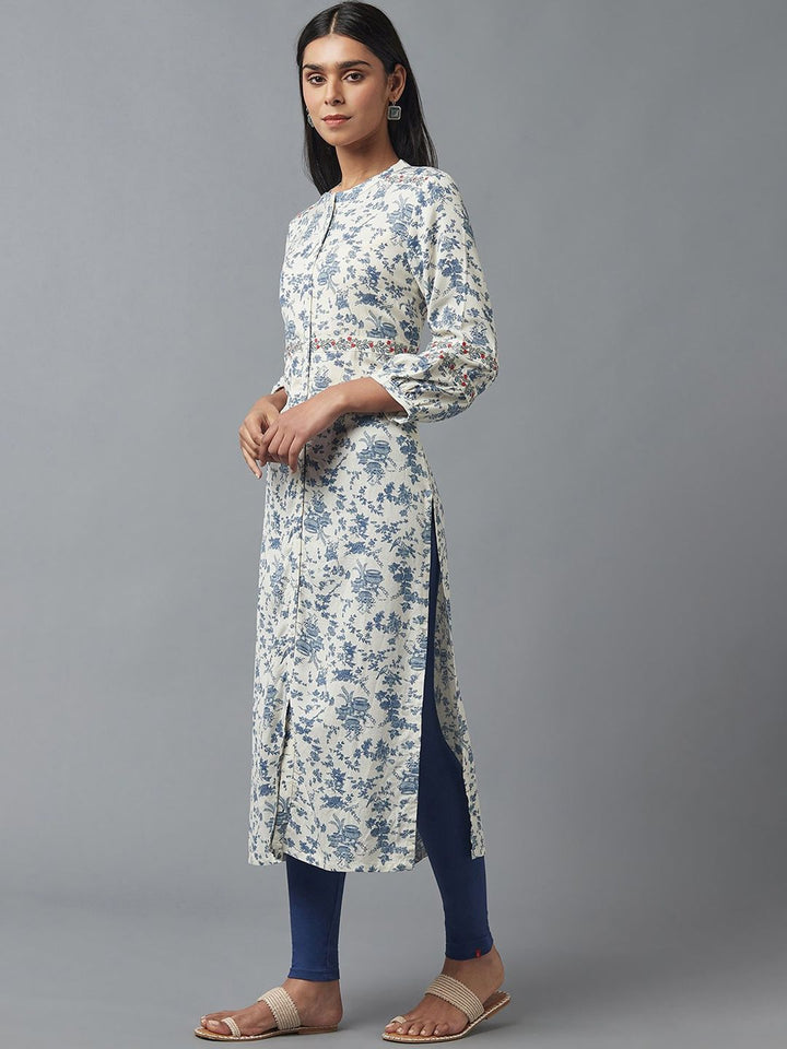 W Women White & Blue Floral Printed Thread Work Kurta