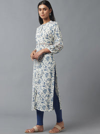 W Women White & Blue Floral Printed Thread Work Kurta
