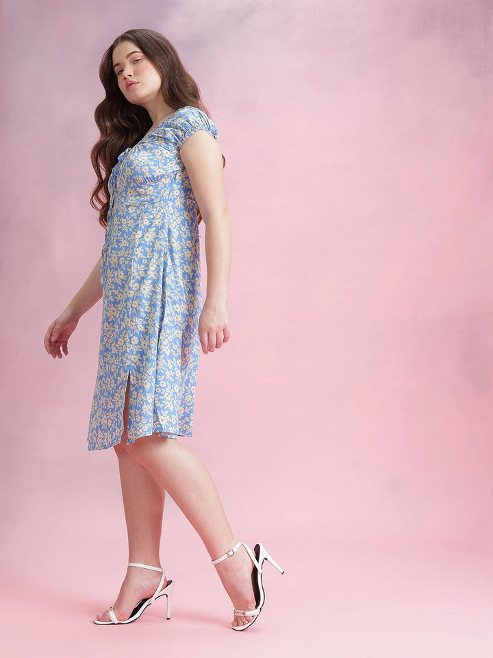 DressBerry Floral Print Gathered Detail Tie-Up Neck A-Line Dress with Side Slit