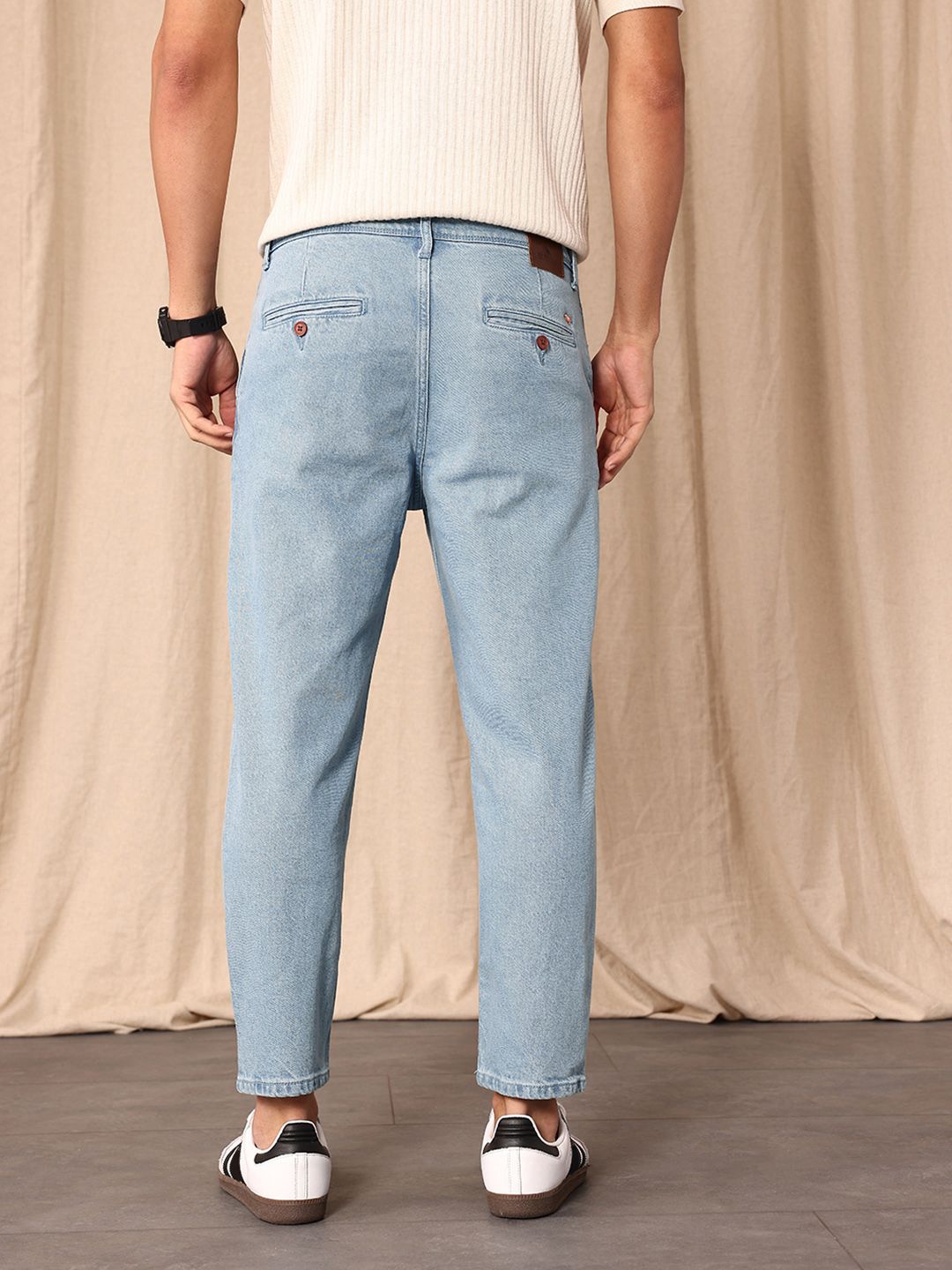 Mr Bowerbird Men Tapered Cropped Fit Light Fade Stretchable Pleated Jeans