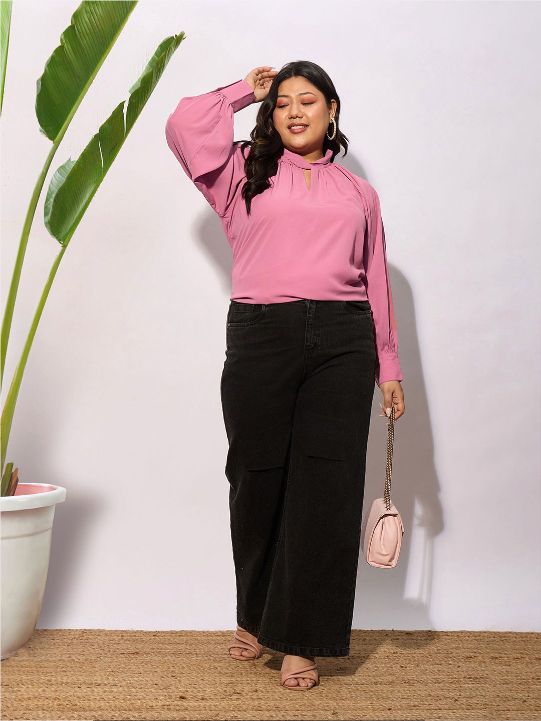 SASSAFRAS Curve Plus Size Keyhole Neck Cuffed Sleeves Georgette Top