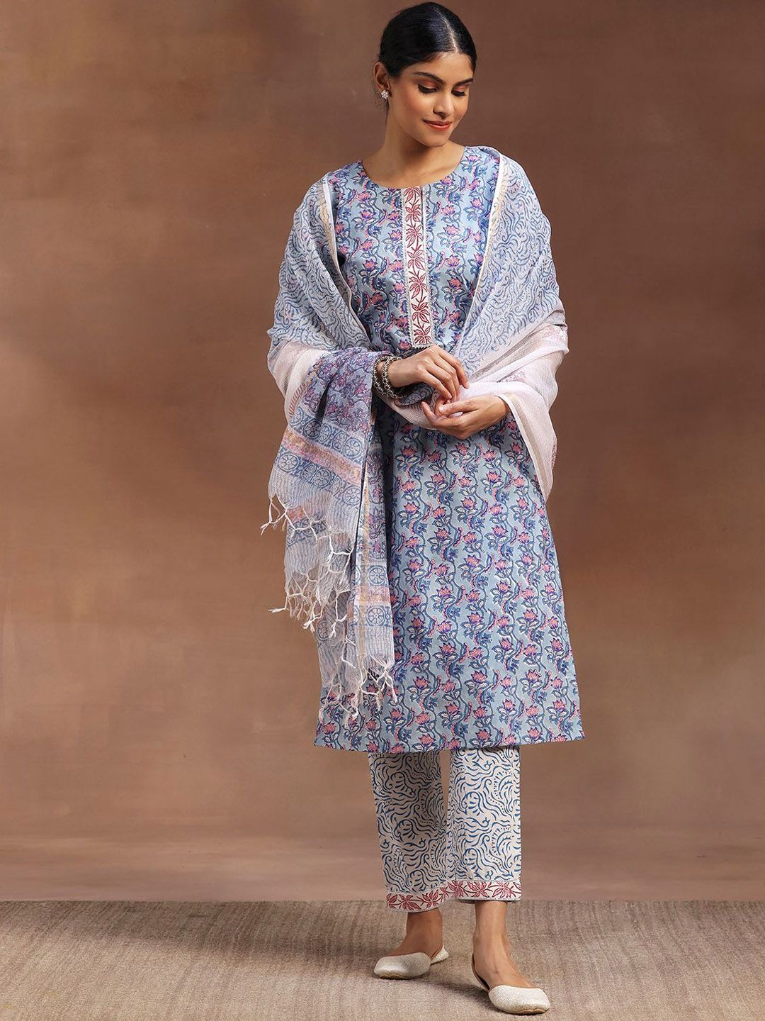 Libas Floral Printed Gotta Patti Pure Cotton Straight Kurta with Trousers & Dupatta