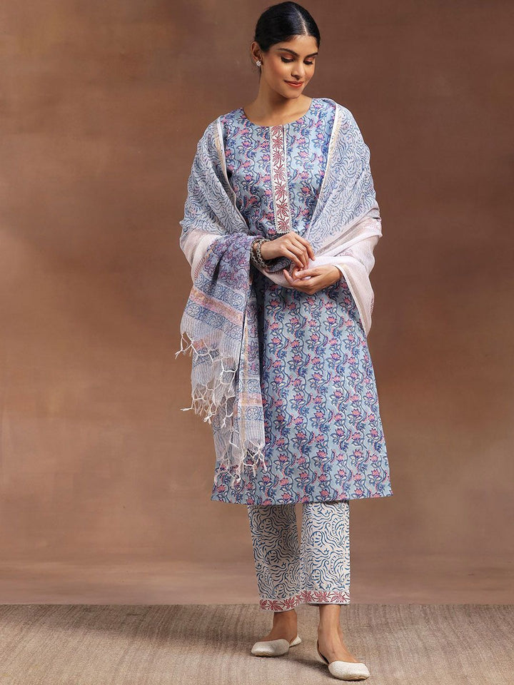 Libas Floral Printed Gotta Patti Pure Cotton Straight Kurta with Trousers & Dupatta